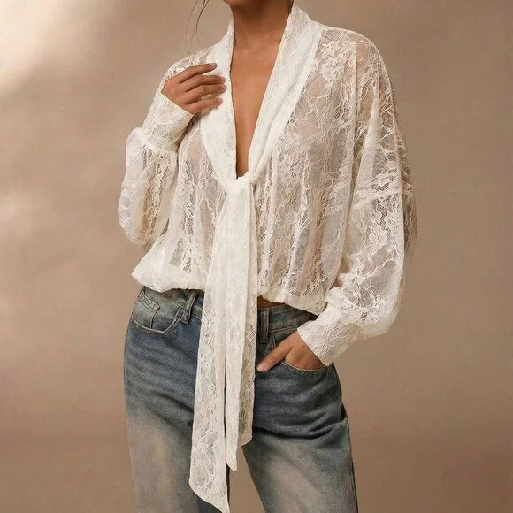 White Casual Women's Semi-Sheer Kimono Sleeves Shirt - Picture 3 of 11